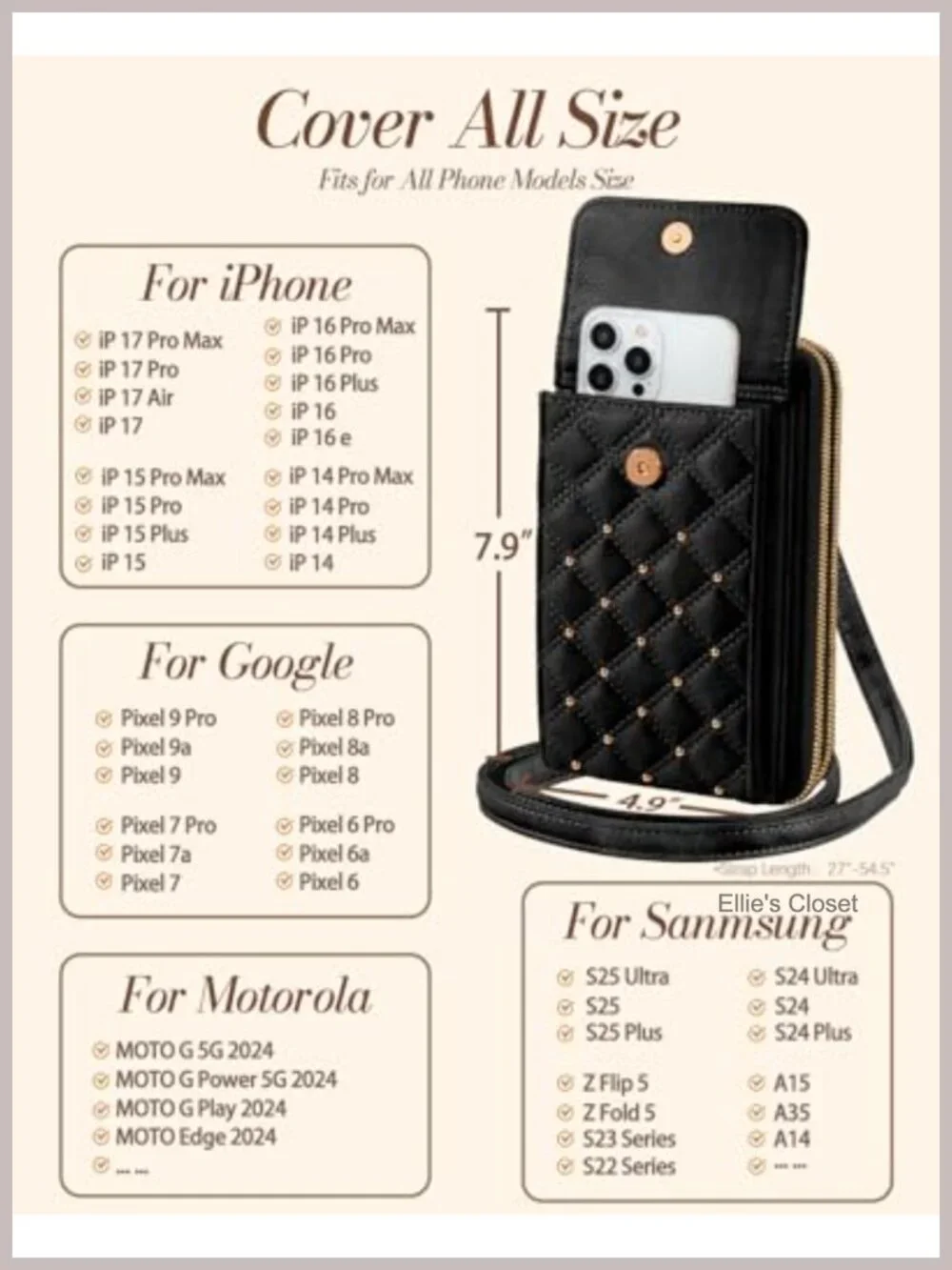Vegan Leather Zipper Crossbody Cell Phone Purse with Card Slots, Adjustable